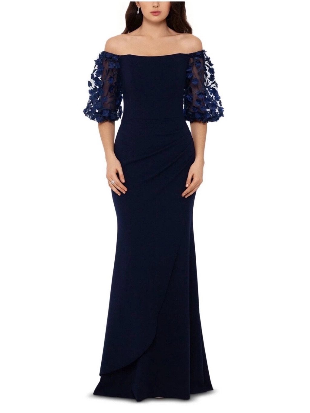 Xscape Womens Navy Draped Lined Balloon Sleeve Formal Mermaid Dress Size 12